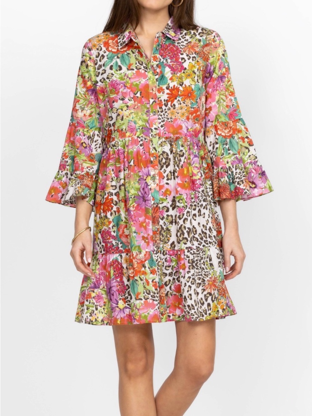 Johnny Was Floral & Leopard Mini Dress in Pink, Green, Orange